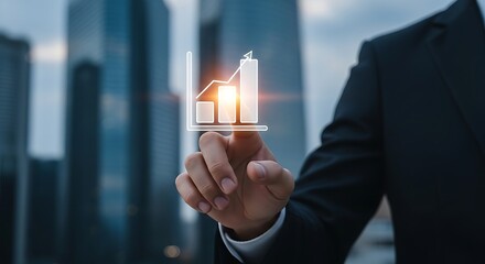 Hand touching a glowing graph with upward trend in front of blurred city buildings at daytime