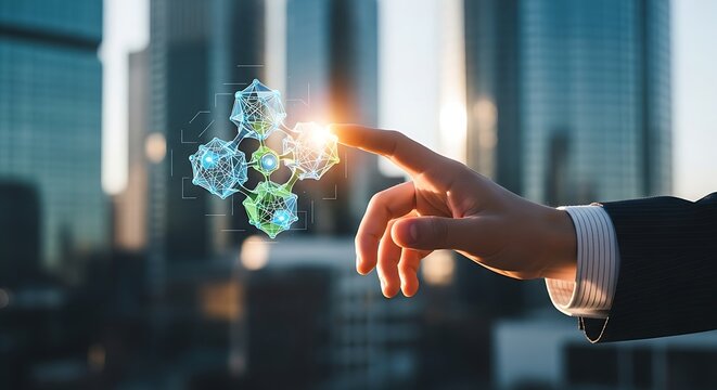 Hand interacting with digital network interface against a blurred cityscape background view - Powered by Adobe