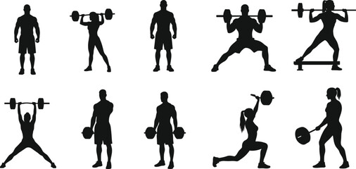 Collection of athletic male and female silhouettes showcasing various fitness and weightlifting exercises, including squats and lunges, for strength training