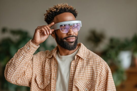 Young african american man wearing futuristic virtual reality glasses. Metaverse and innovation modern technology concept for digital interaction. - Powered by Adobe