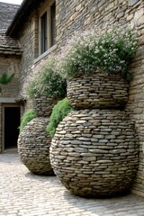 Ornate stone planters, spherical and basket-shaped, flank a stone wall, holding flourishing flowers against a backdrop of aged stonework.