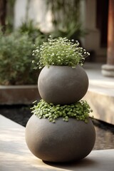 Two stacked, round, gray stone-like planters hold small, delicate plants with tiny white flowers.