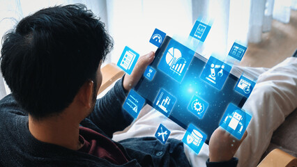 Predictive maintenance icons for industry, automation, smart factory and manufacturing showing data analysis, monitoring, robotics and system optimization with advanced maintenance solutions. Gist