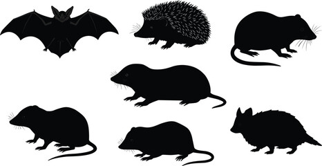 Collection of nocturnal animal silhouettes, including a bat, hedgehog, and various rodents, perfect for wildlife and nature-themed designs on a white background