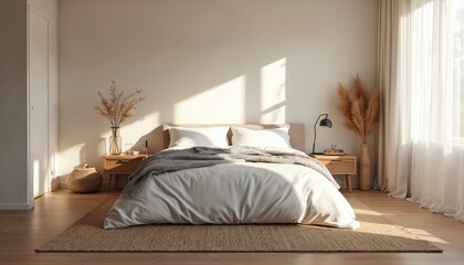 Fototapeta premium Modern Scandinavian bedroom interior design. Light beige walls, wood floor, natural jute rug. Bed crisp white linen, comfy grey blanket. Wooden nightstands hold black lamps, dried pampas grass