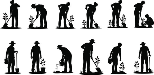 Gardener vector silhouette set, people planting trees, farmers digging and watering plants, agriculture and horticulture, man with shovel