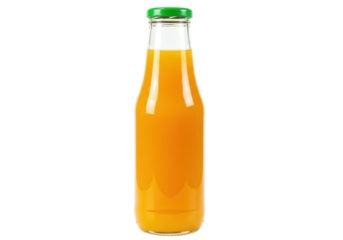 Glass bottle of orange juice isolated, healthy drink with green cap for breakfast and refreshment, no background