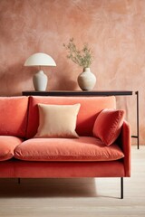 Modern living room featuring a coral sofa against a terracotta wall, complemented by stylish decor and soft lighting, creating a warm and inviting atmosphere with copy space