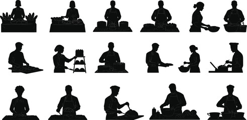 Silhouettes of bakers and chefs preparing and selling baked goods, bread, and pastries in a kitchen, shop, or market