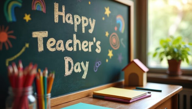 Classroom with blackboard says Happy Teachers Day. Education still life with colorful chalk drawings stars rainbows. Pencils notebooks houseplant and toy house on desk near window. School concept.