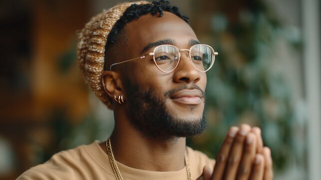 Young african american man in glasses praying indoors with hands folded and hopeful expression. Contemplation and spiritual connection concept.