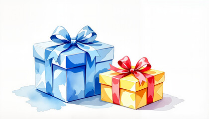 Fototapeta premium Colorful gift boxes with bows in watercolor style 