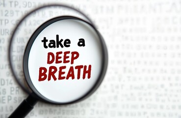 Image shows magnifying glass with words take a deep breath. Concept related to mindfulness mental health and self-care. Encourage calm during stressful times or to focus.