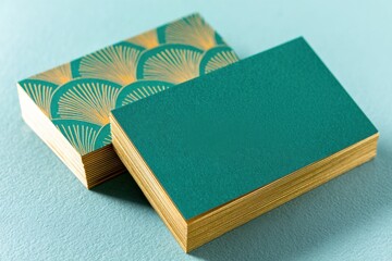 Luxury business card mockup featuring elegant peacock green design with gold accents, showcasing premium quality and sophisticated branding elements for professional use
