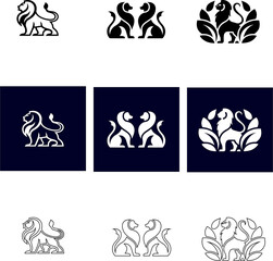 Royal lion vector logo set in outline, bold, and silhouette styles, perfect for wildlife branding and corporate identity.