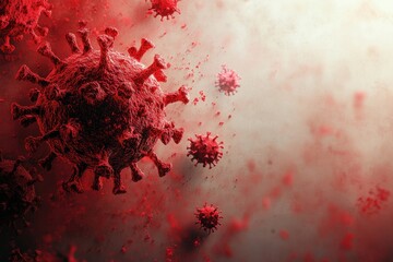 Illustration of red virus particles floating in a hazy background representing a pandemic scenario
