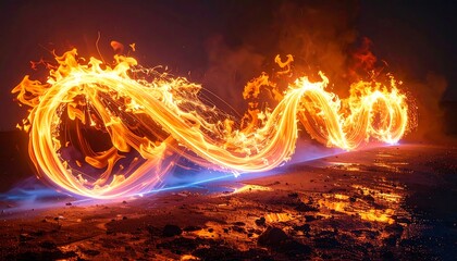A fiery, glowing, abstract ribbon snakes across a dark ground with a blurred backdrop of smoke or haze. The dynamic art piece has an orange and yellow palette