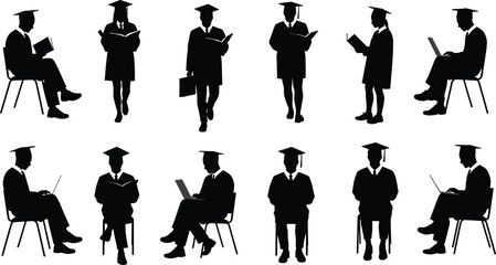Graduate students and people in graduation gowns and caps, reading, studying, and using laptops, vector silhouettes