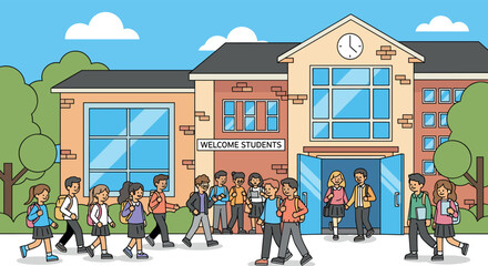 Naklejka premium Children arriving at school building entrance