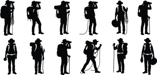 Silhouettes of hikers and tourists with backpacks, hiking poles, and binoculars, enjoying outdoor adventure, travel, and trekking in nature