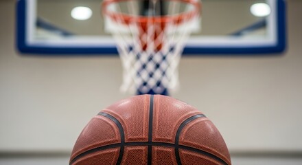 Close-up of a Basketball with a Hoop in the Background Focus on Sport
