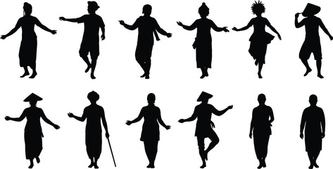 Southeast Asian traditional dancers and people in cultural costumes, vector silhouette illustration set on a white background