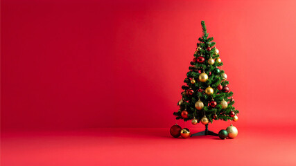 A Touch of Holiday Elegance: A Christmas Tree Adorned in Gold, Red, and Green Standing Proud on a Crimson Stage