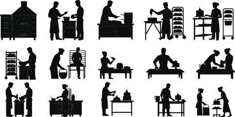 A comprehensive collection of bakery and confectionery silhouette icons, featuring people baking, decorating, and preparing delicious pastries
