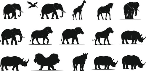 Naklejka premium African Safari Animals Silhouette Set, Black and White Vector Illustration, Wildlife Collection of Elephant, Lion, Rhino, Giraffe, Wild Nature
