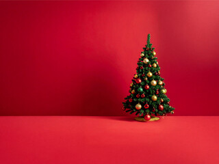 A Touch of Holiday Elegance: A Christmas Tree Adorned in Gold, Red, and Green Standing Proud on a Crimson Stage
