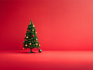 A Touch of Holiday Elegance: A Christmas Tree Adorned in Gold, Red, and Green Standing Proud on a Crimson Stage
