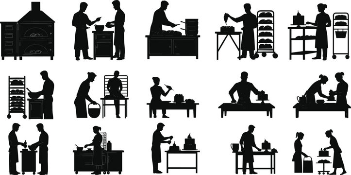A comprehensive collection of bakery and confectionery silhouette icons, featuring people baking, decorating, and preparing delicious pastries