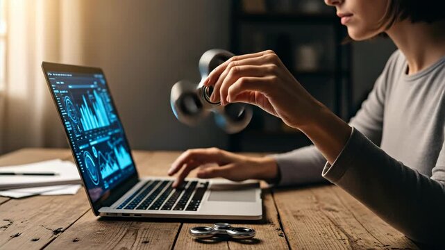 Woman uses laptop with data charts while spinning a fidget toy. Person relaxes stressed while working from home. Information technology video.