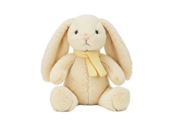 Adorable plush bunny with yellow scarf isolated on transparent background, soft toy for kids and Easter decoration PNG