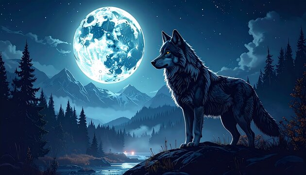 A lone wolf stands atop a rocky outcrop, bathed in the ethereal glow of a full moon, overlooking a forested mountain vista