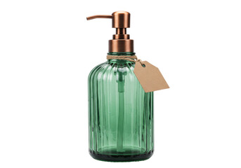 Green ribbed glass soap dispenser with copper pump isolated, vintage style liquid container for bathroom or kitchen PNG
