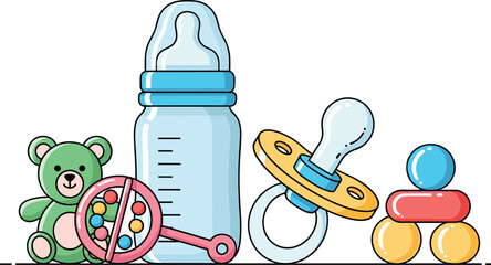 Collection of baby essentials and toys for newborns