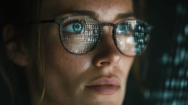 Intense gaze of a female software engineer with binary code reflected in glasses, coding the future with cutting-edge technology, showcasing innovation and digital expertise
