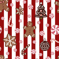 Christmas sweets Cocoa Candy Lollipop Gingerbread man vector seamless pattern. Vintage Xmas sweetmeat background for holiday festive season wrapping paper.
