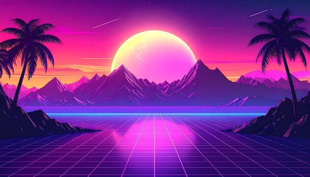 A neon-lit retro landscape with a large sun, mountains, palm trees, and a grid pattern, evoking an 80s synthwave aesthetic