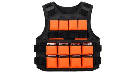 Orange and Black Weighted Vest, Fitness Training Gear, Durable Workout Vest, Adjustable Weight Pockets, Elevated View Product Shot