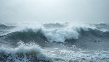 Powerful ocean waves crash with white foam and spray under a cloudy sky. Turbulent sea motion shows nature wild, untamed force. Intense water movement in stormy weather.