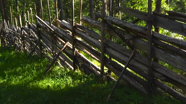Old wooden and historically preserved wooden stick fence that is replicated to be medieval in a sunny and grassy green forest garden during summer or autumn day.