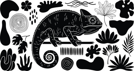 Chameleon silhouette vector illustration with tropical jungle leaves, exotic plants, abstract shapes, reptile wildlife design elements
