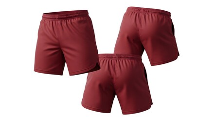 Deep Red Athletic Shorts, Three-View Product Display, Plain Maroon Sportswear, Multi-Angle Minimalist Apparel Shot, White Background Workout Shorts