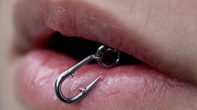 Unique art of lip piercing with fishing hook showcasing creativity in body modification and expression