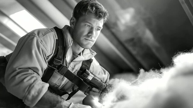 A worker, their harness clipped, installs insulation under a roof, the insulation&rsquo;s fibers fluffy. A staple gun, its trigger worn, secures the material. A flashlight, its lens scratched, illuminates