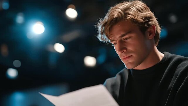 An actor performs a dramatic scene in a casting studio, with a spotlight beaming, a script crumpled, a director nodding, and a camera zooming, presented in a intense photo with light rays, paper cre