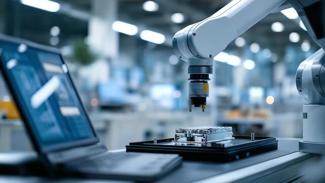 Engineers test a robotic vision system in a factory lab, with cameras scanning, screens displaying object recognition, tools calibrating lenses, and a prototype part on a table, depicted in a high-t