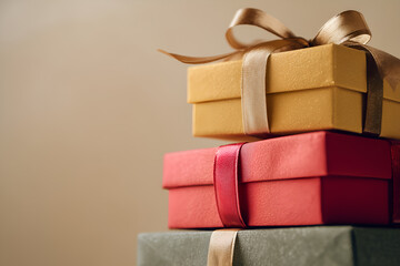 Stacked gifts create a festive vibe! Colorful presents tied with ribbons, perfect for celebrations and special occasions.